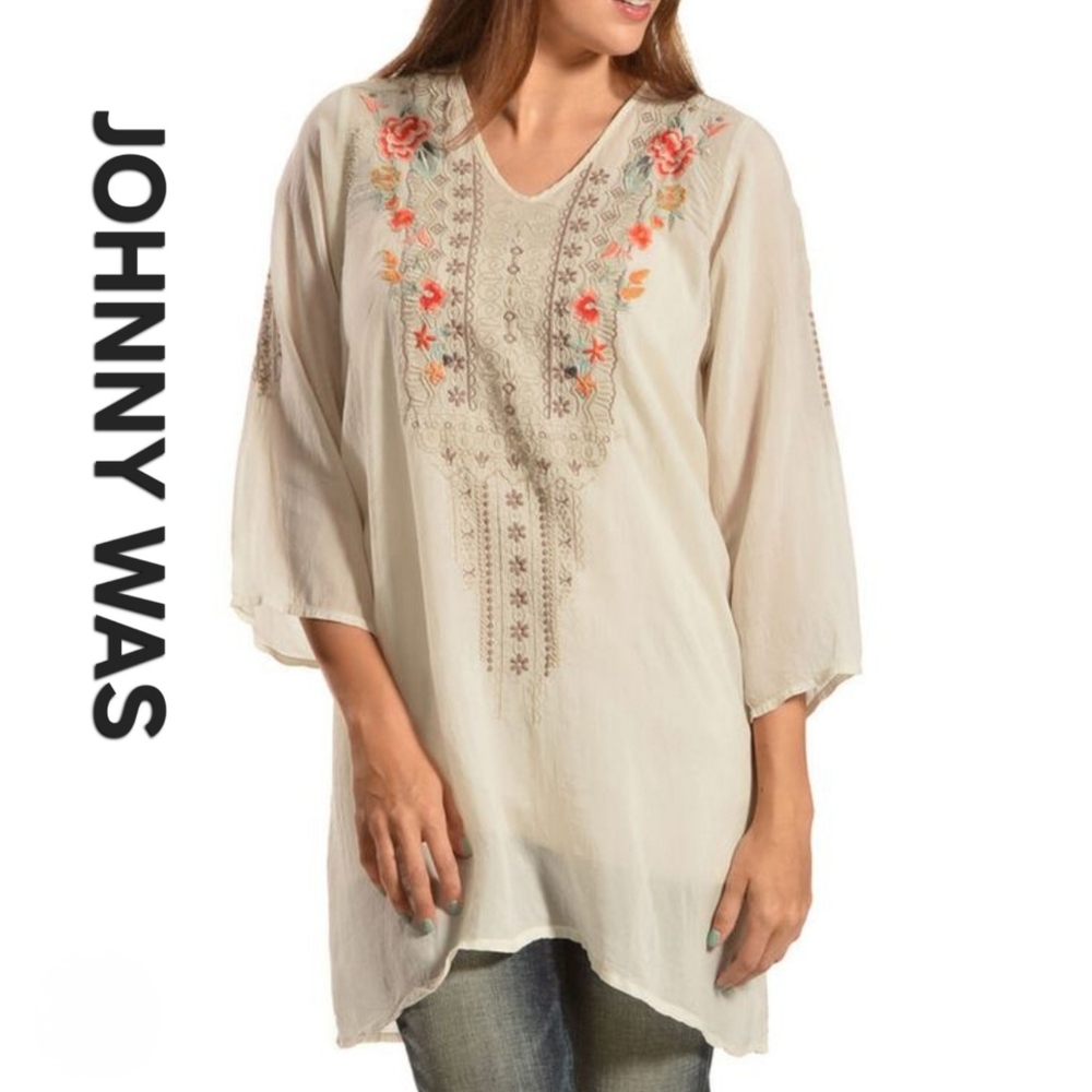 Johnny Was Embroidered Floral Bohemian Tunic Top Sz S